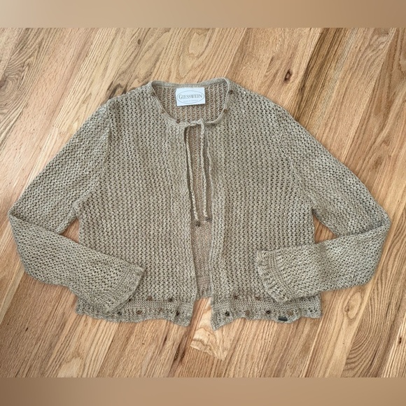 Vintage 100% Linen Giesswein Neutral Beachy Loose Knit Cardigan Women’s Size L - Picture 1 of 8
